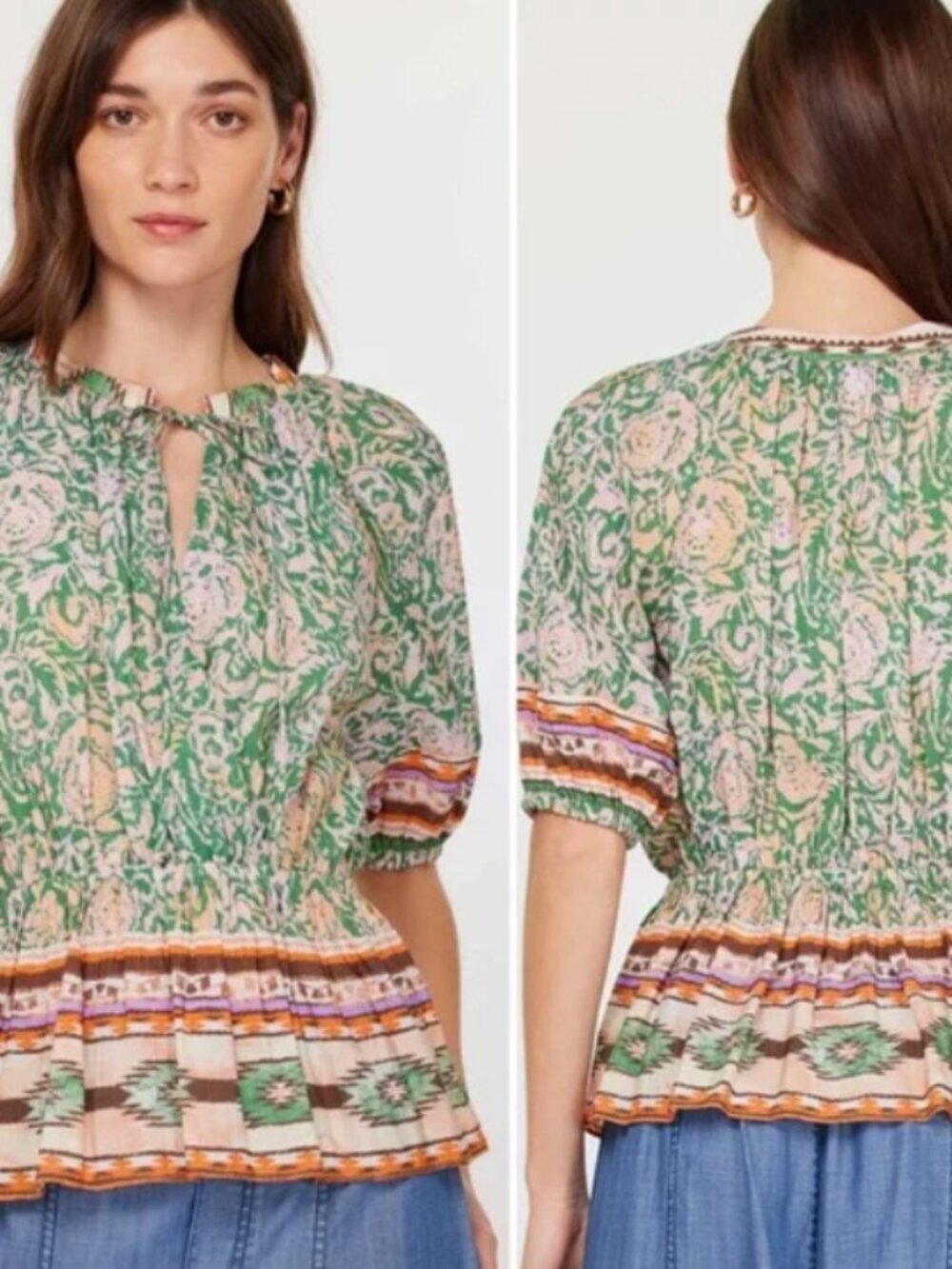 CURRENT AIR Floral Aztec Print V-Neck Short Sleeve Peplum Blouse Size L
